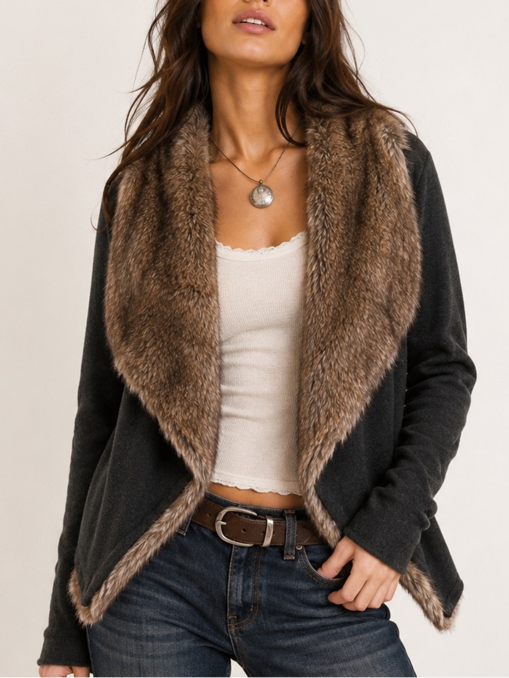 Hollister Faux Fur Trim Open Cardigan Jacket Sweater Shawl Collar Gray XS Small